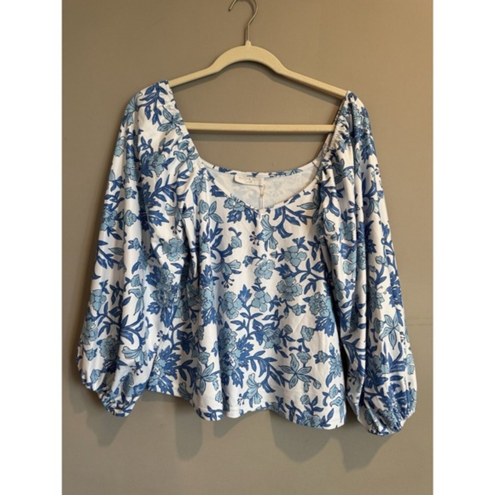 Smith And Quinn  Blue White Floral Balloon‎ Sleeve Crop Oversize Blouse Small